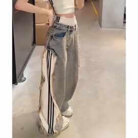 Aimeerosa/艾洛莎洋气百搭牛仔拼接休闲裤女设计感小众显瘦阔腿裤