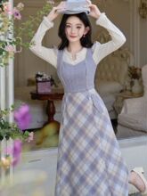 秋冬女装复古法式温柔打底衫配紫色毛呢子背心裙两件套名媛长裙