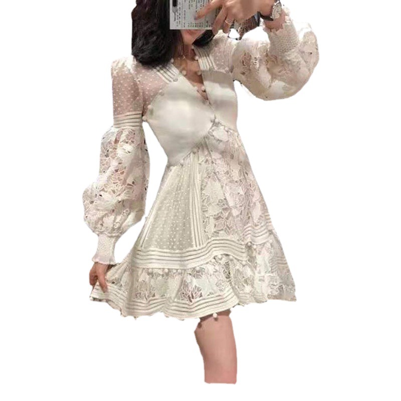 Otoño 2024 mujeres europeas y americanas de comercio exterior de ropa de mujer Amazon nueva manga larga con cuello en V vestido de encaje hueco vestido midi image 1