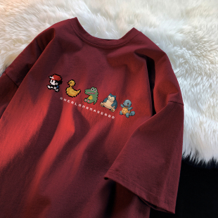 Foreign Trade ~ Counter Withdrawal Japanese Retro Pixel Cartoon Short-Sleeve T-Shirt for Men and Women Ins Trendy Pure Cotton Top