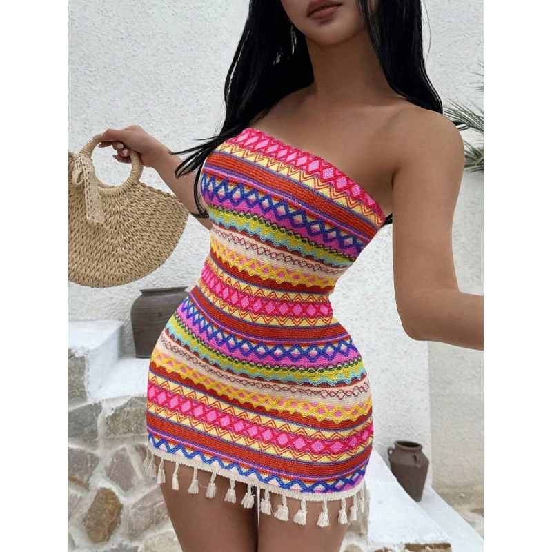 D 11894 comercio exterior transfronterizo tela de textura sexy sin cinturón de hombro vestido de costura de borda