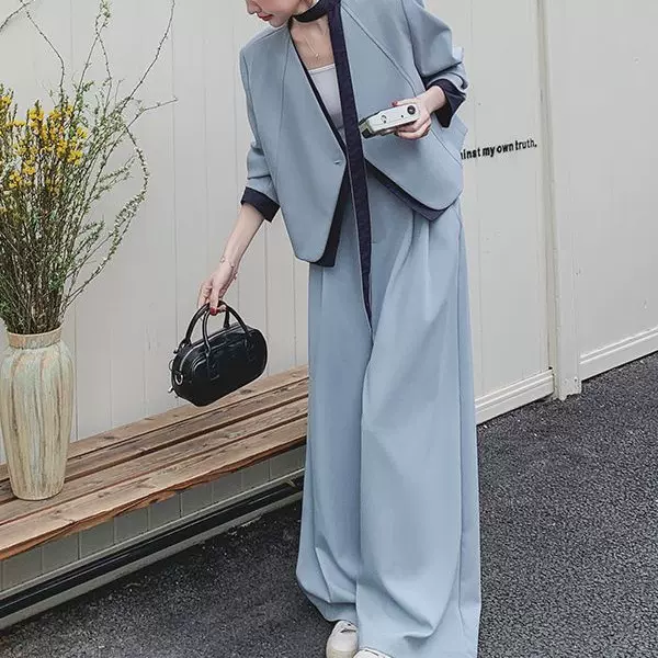 蓝色西装西裤两件套女春秋季2025独特漂亮高级感韩系休闲套装ins