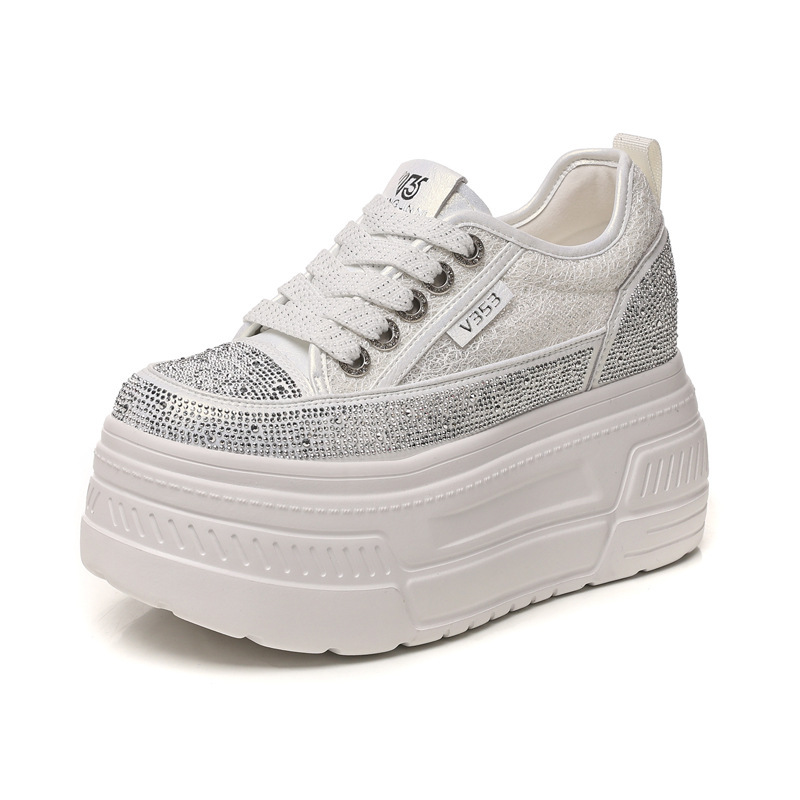 Giày sneaker nữ đế dày tăng chiều cao, phối đá rhinestone trắng, phong cách thể thao — màu trắng