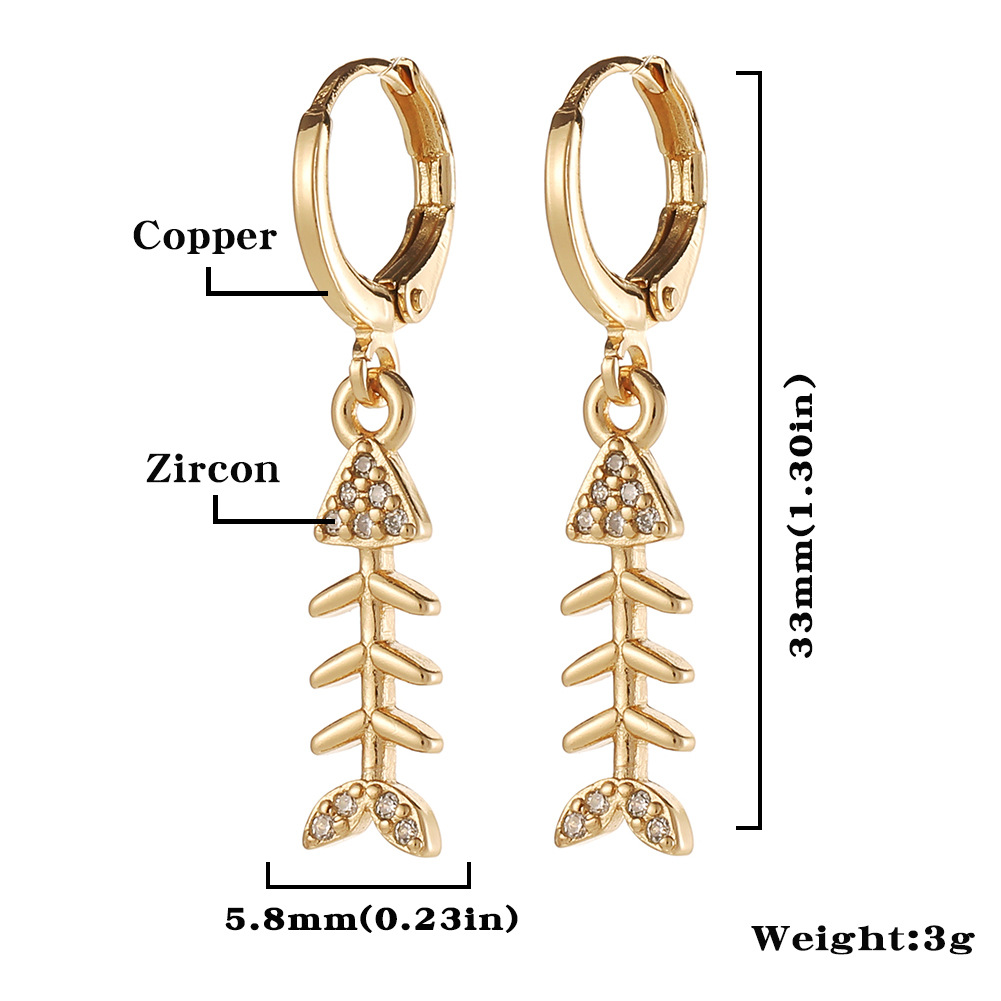 Fashion Geometric Fish Bone Copper Drop Earrings Inlay Zircon Copper Earrings