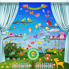 New Amazon Spring Electrostatic Window Sticker for Display Window, Glass Door, Cartoon Bird, Branch, Flowers, Butterfly Wall Decal