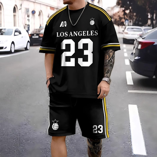 2025 Cross-border Bestselling Set Fashion Short-Sleeve T-Shirts and Pants Loose Men's 3D Digital Printing