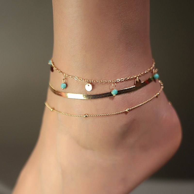 New Bohemian Geometric Turquoise Disc Double-layer Alloy Anklet Set display picture 4