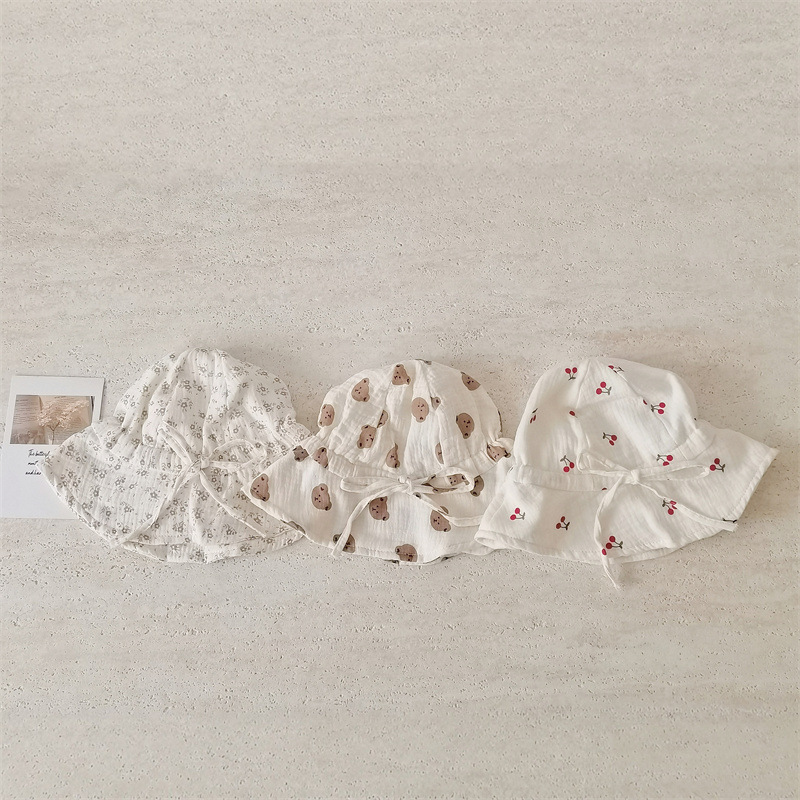 Chapéu de sol para bebé em gaze de algodão com estampado urso_voghion.com
