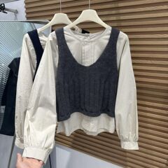 韩系高级感气质圆领衬衫女2025年春秋新款宽松小众针织背心两件套