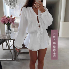 ヨーロッパとアメリカのクロスボーダー 2025 婦人服無地レースアップカーディガンラウンドネックランタンスリーブトップハイウエストドレス