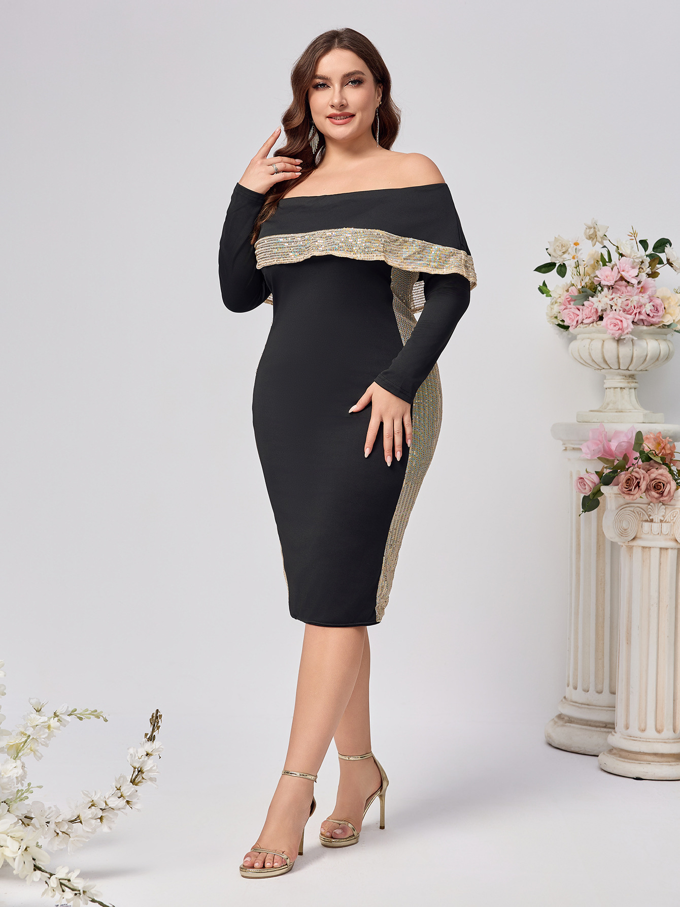 Ropa de mujer de talla grande nueva moda temperamento elegante sin tirantes lentejuelas de manga larga bolso delgado cadera elegante vestido de mujer