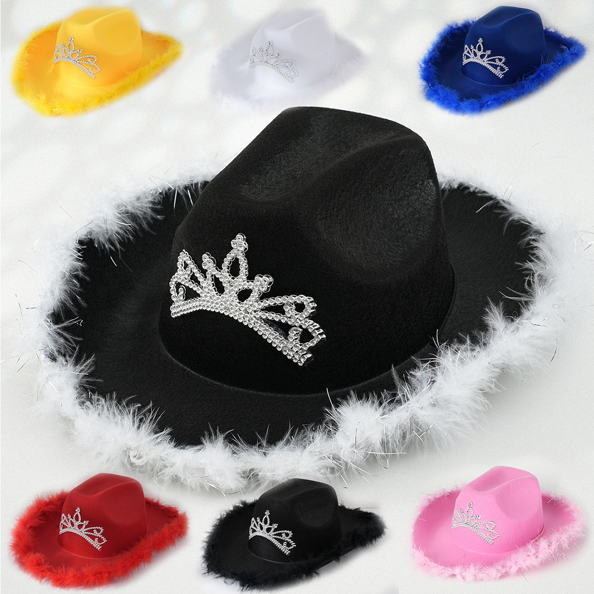 Chapeau de cowboy unisexe orné de strass et de plumes duveteuses, idéal pour les mariages et les fêtes. Chapeau pour femme._voghion.com