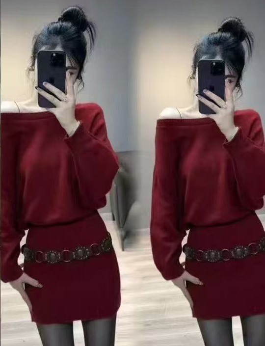 跨境美式辣妹慵懒高级感秋冬针织连衣裙宽松蝙蝠袖露肩短款包臀裙|undefined