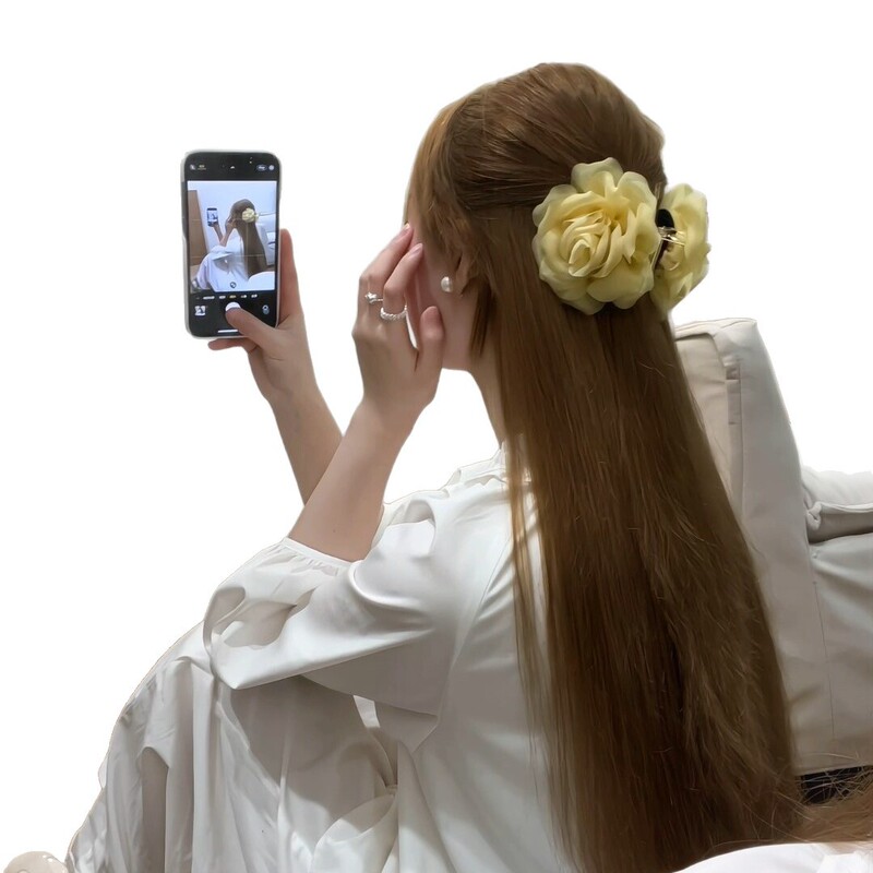 韓国の東大門と同じスタイルのガーゼフラワー甘いヘアピン椿グリッパーボールヘッドポニーテールエレガントなヘアアクセサリーシャーククリップ|undefined