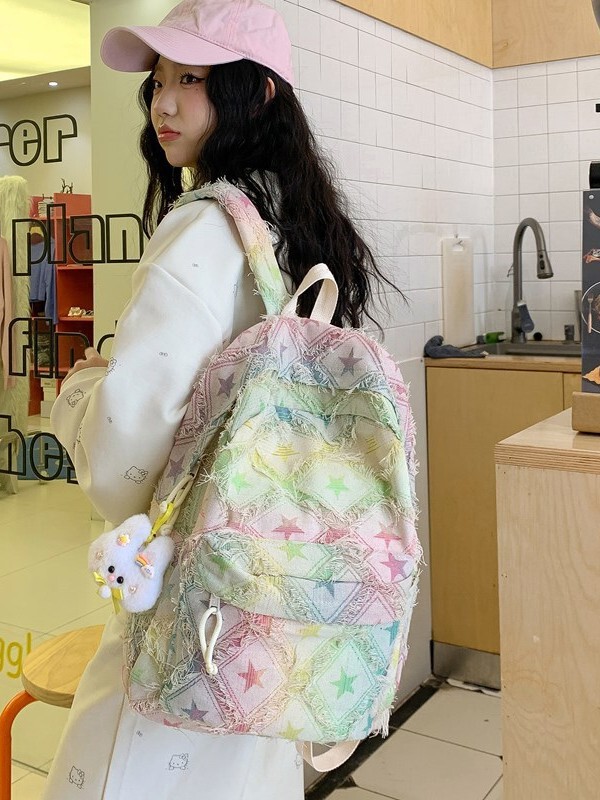 見栄えの良いカレッジ多用途女子学生スターバックパックドーパミンカラーチェック柄大容量かわいいスクールバッグ|undefined