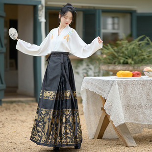 Real shot original chuangming Hanfu women's improved aircraft sleeve new Chinese style Chinese style horse face skirt woven gold autumn and winter Daily suit
