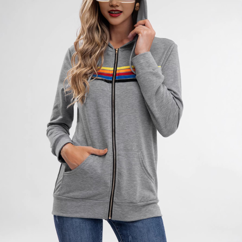 2025 Cross-Border European and American Women's Casual Rainbow Long-Sleeved Zipper Hooded Sweatshirt