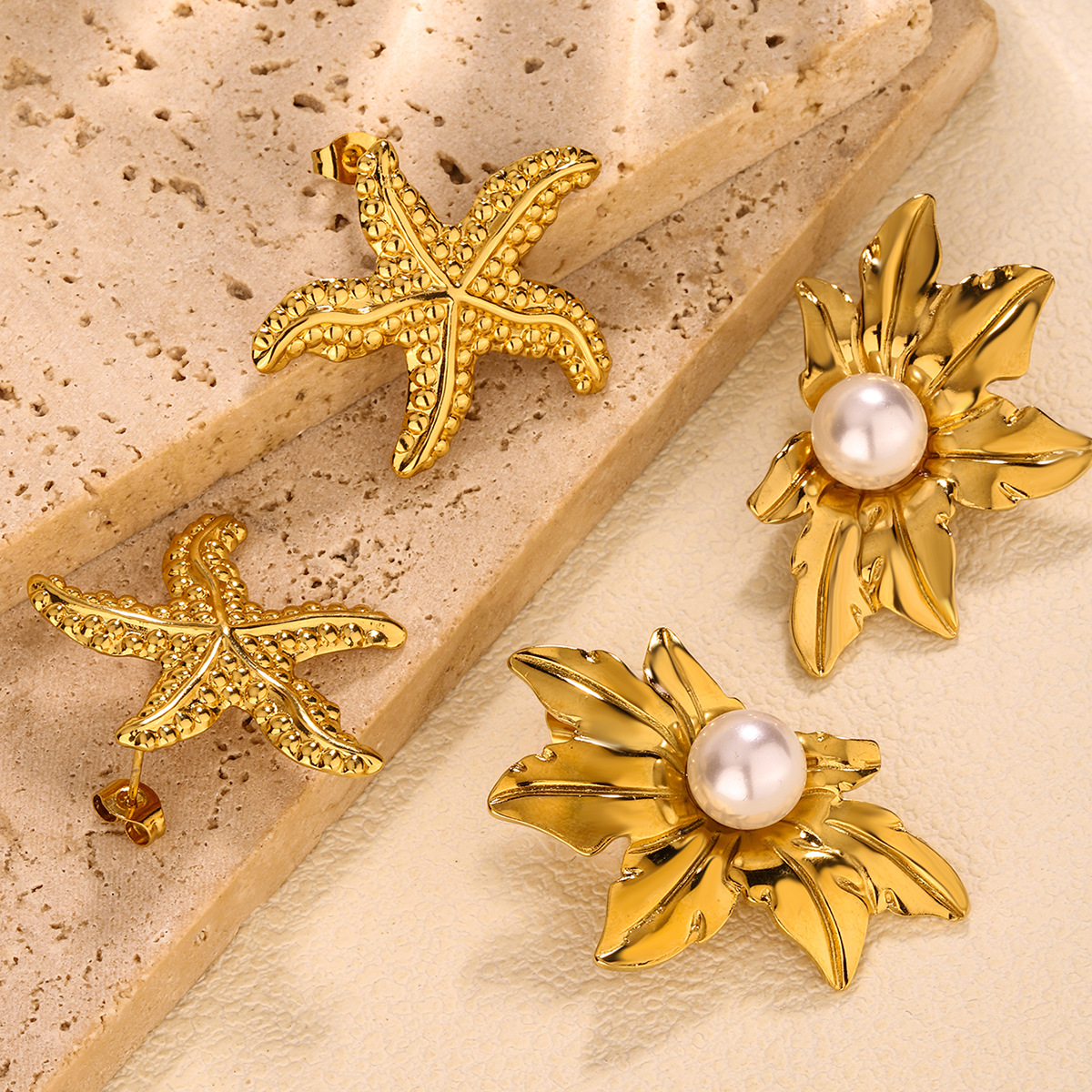 Ear Studs Classification 1 Pair Vintage Style French Style Starfish Flower Plating 304 Stainless Steel Ear Studs