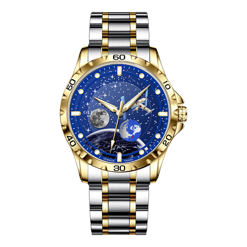 Đồng hồ nam automatic lộ máy dây thép cao cấp — Dây thép vàng Intershell, Dải thép bạc vỏ bạc