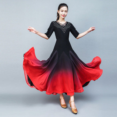 Women black with red gradient colored ballroom dance skirt for women flamenco skirts tango dance practice competition skirt modern dance big swing skirt