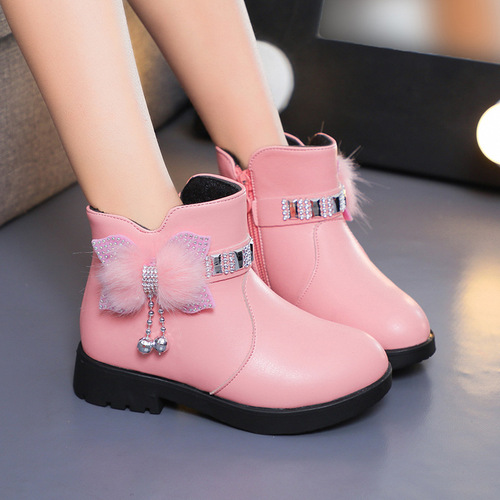 Children's Cotton Boots Princess Fashion Bow Baby Warm Leather Boots  Winter Girls Rhinestone Mid-calf Short Boots