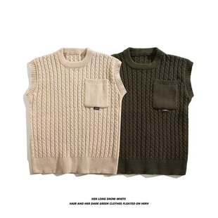 Japanese Style Retro Sleeveless Sweater Men's Autumn Fashion Brand All-match Crewneck Sweater Vest apricot Vest Base Shirt Fashion