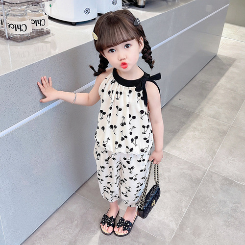 Ladycot Cherry Strappy Set 2024 Summer New Girl Baby Trendy Fashion Two-Piece Set for Middle and Small Children