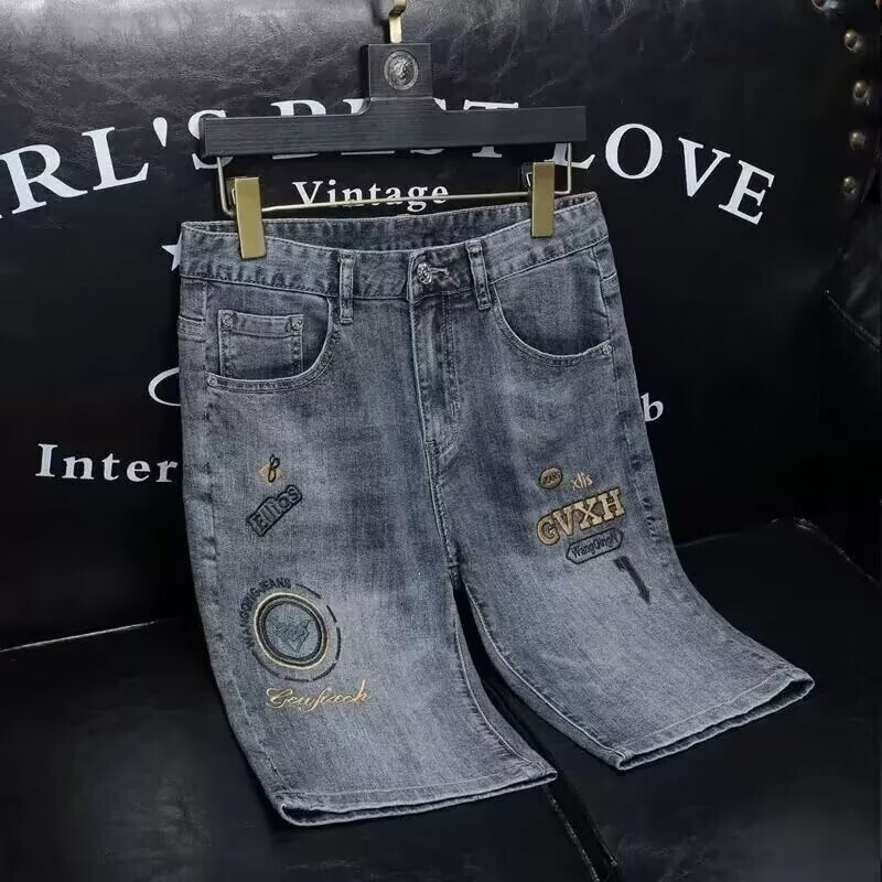 Embroidered Denim Shorts for Men, Summer Thin Slim-Fit Straight Pants, 2026 New Style, Stretchy Five-Point Pants, Trendy Brand Mid-Length Pants