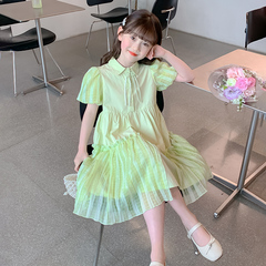 女童夏季連衣裙2024新款女大童polo領兒童夏款公主裙女孩夏裝裙子