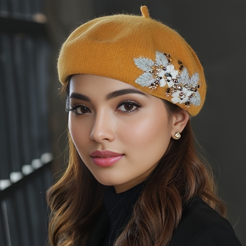 Flor Embroidery Beret Elegant Beret Hat Flower Boina bordada