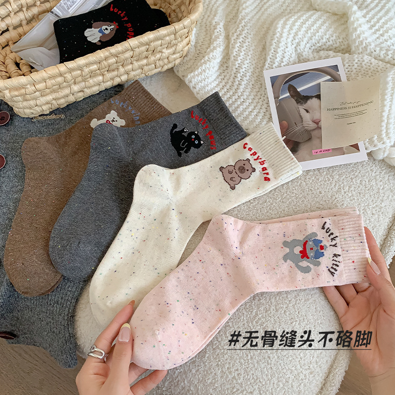 可爱袜子女秋冬中筒袜 卡通动物点子纱女士长袜 诸暨无骨女袜批发|undefined