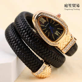 新款跨境蛇形腕表时尚创意个性石英表女镶钻皮革表带手镯时尚手表