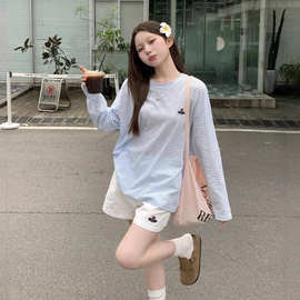 休闲撞色条纹T恤防晒衫2026女春秋季小众设计感条纹薄款长袖上衣