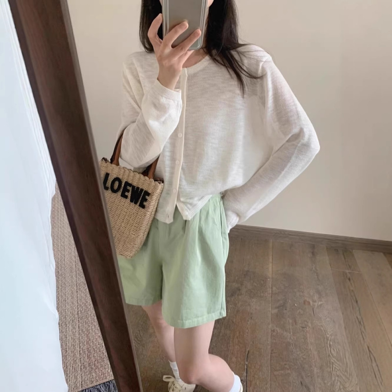 Linen Ice Silk Knitted Cardigan for Women, Summer Thin Sun Protection Clothing, Round Neck, Slightly See-Through, Loose Short Style, Korean Style Simple Top Linen Ice Silk Knitted Cardigan for Women, Summer Thin Sun Protection Clothing, Round Neck, Slightly See-Through, Loose Short Style, Korean Style Simple Top