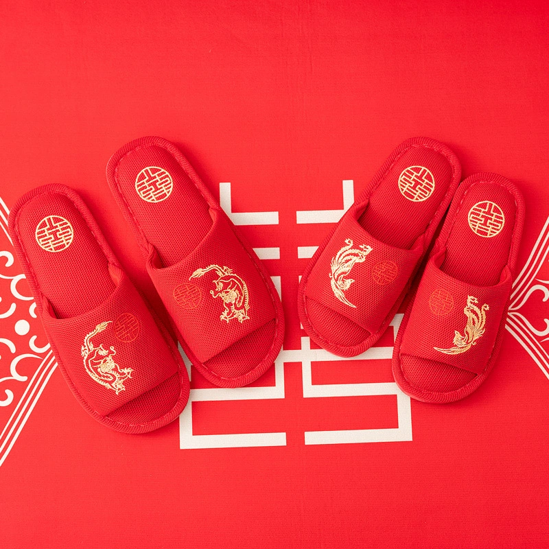Свадебные тапочки Праздничная красная пара дракона и феникса невесты Сопровождение свадебной обуви Домашние хлопковые тапочки для пар