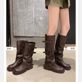 牛皮版 增高6cm~时髦皮带扣方圆头褶皱中高筒真皮骑士靴女秋冬