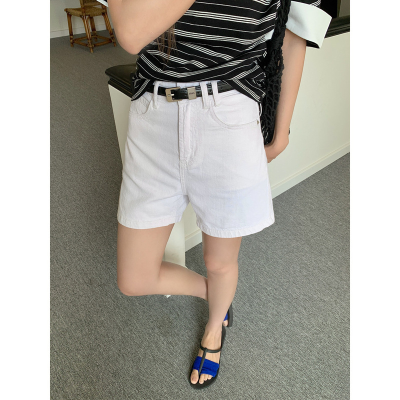 GAGD White Simple Four-point Tencel Denim Shorts Women's Belt Slimming All-match Straight Denim Shorts