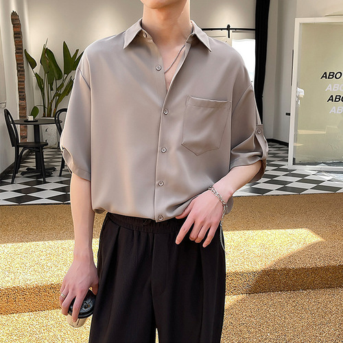 Summer Drape Trend Loose Short Sleeve Shirt for Men, Ice Silk, Cooler Style, Advanced Feel, Light Mature Wind, Iron-Free, Five-Finger Sleeve Shirt