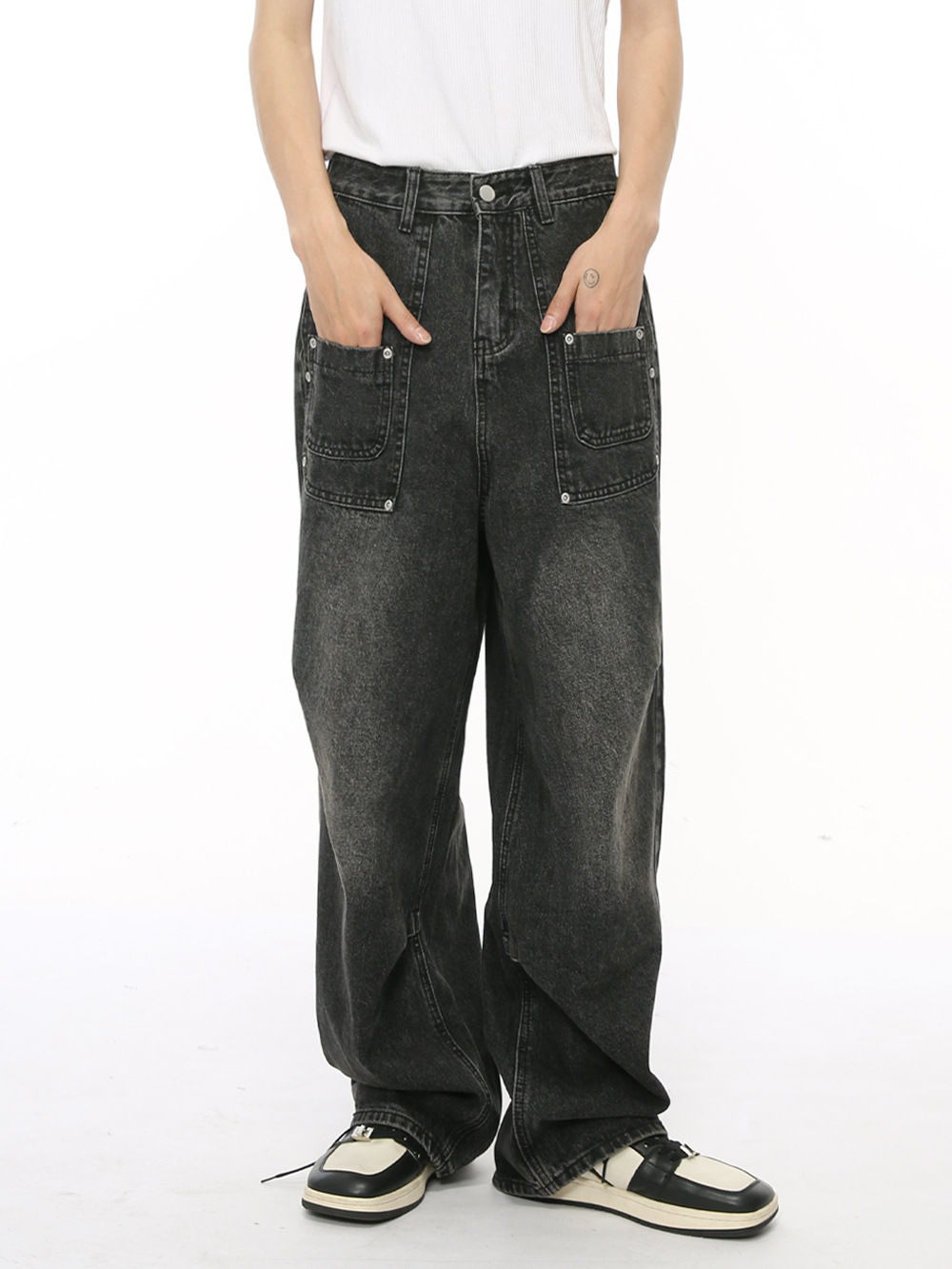 MTLCLOTHES Hombres| Otoño nicho bolsillo de empalme callejera alta recta pantalones de pierna ancha lavado con agua jeans sueltos