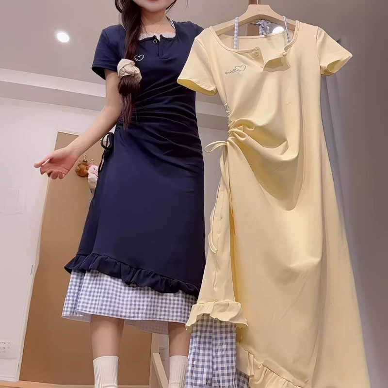 Корейское платье на подтяжках с воротником-стойкой, новое летнее платье Douyin, популярный стиль, длинная юбка из двух частей с плиссированной талией