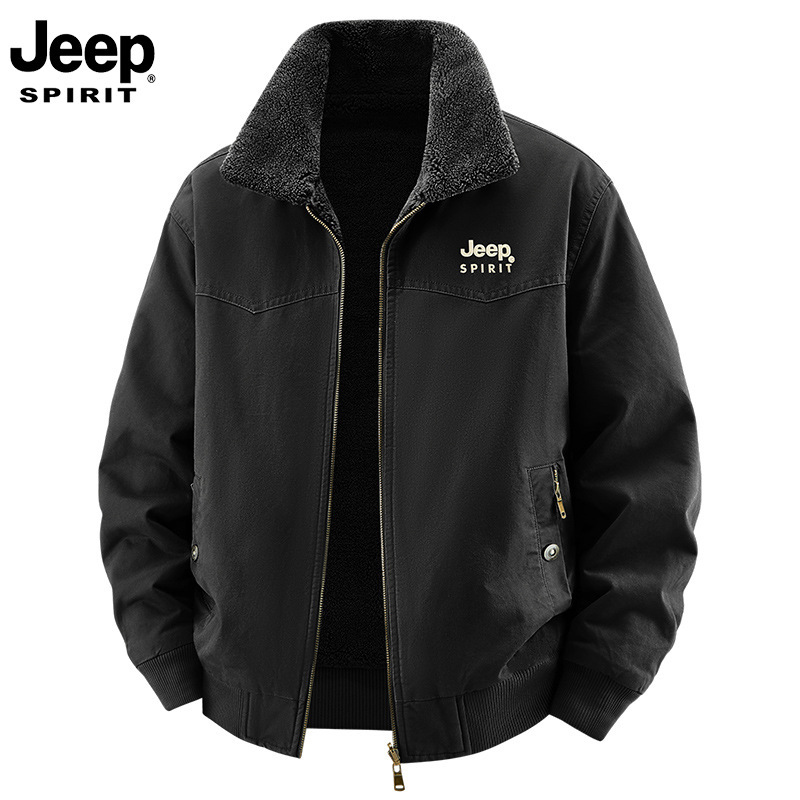 JEEP SPIRIT品牌羊羔绒外套男秋冬季加绒加厚棉衣军绿驼色棕色米|undefined