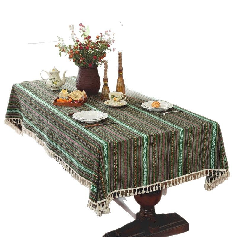 Yarn-dyed Polyester-cotton American Ethnic Style Jacquard Striped Tassel Lace Tablecloth Coffee Table And Dining Table,_voghion.com