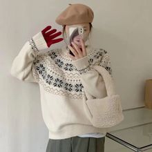 圆领日系慵懒风复古针织套衫女秋冬新款撞色设计感长袖针织厚套衫