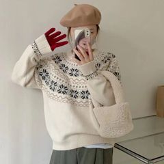 丸首の日本式の怠惰な風の復古のニットのプルオーバーの女性の秋冬の新型の衝突色のデザイン感の長袖のニットの厚いプルオーバー