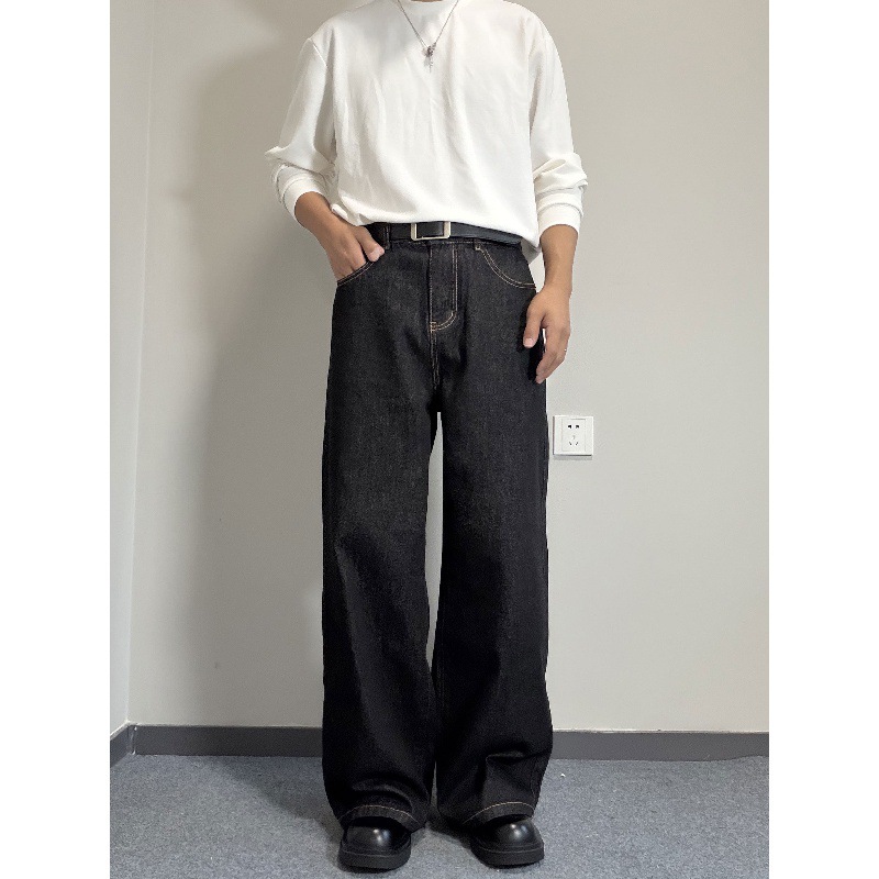 Men's Raw Color Denim Jeans 2026 Spring/Autumn American Style Loose Straight Leg A-Line Wide Leg Pants Trendy mid Waist Long Non-Stretch_mkmklike.com