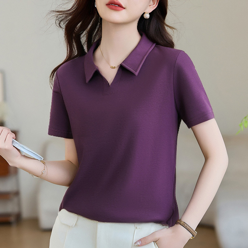 ポロカラー半袖Tシャツレディース2025年夏新作人気右肩無地半袖おしゃれ年齢軽減着痩せトップス|undefined