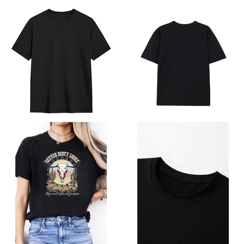 【Cross-Border European Sizes】【New Style】Western Bull Pattern Printed T-Shirt Casual Round Neck Knitted Fabric