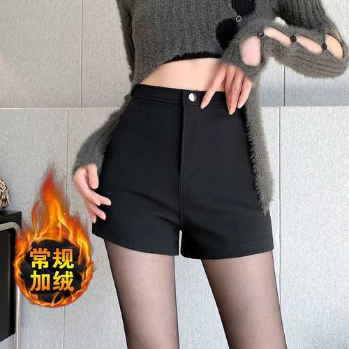 Women's Loose Black Fleece Thicken High-Waist Casual Pants Autumn Early Hot Pants Slimming Warm Short Pants for Plus Size
