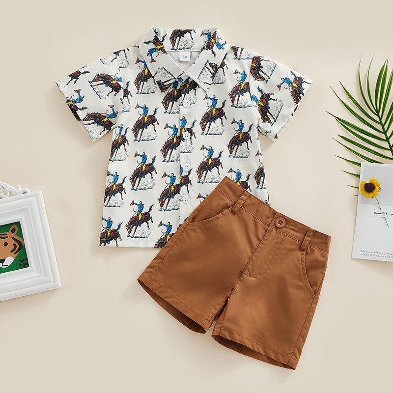 2023 Boys New Shirt Set Independent Station Wrangler Printed Short-sleeved Gentleman Top Shorts Two-piece Set 2023 Boys New Shirt Set Independent Station Wrangler Printed Short-sleeved Gentleman Top Shorts Two-piece Set