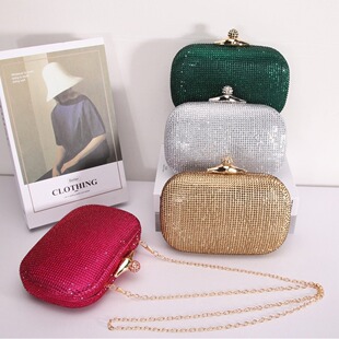New rhinestone evening clutch for women's iron box ox horn with chain oblique cross bag direct sales light luxury women's bag crossbody